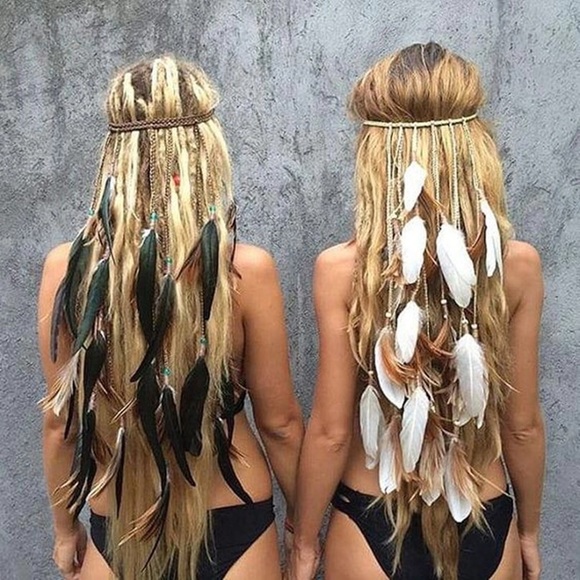 Boho Accessories - NEW Boho Gypsy White Feather & Bead Suede Headband
